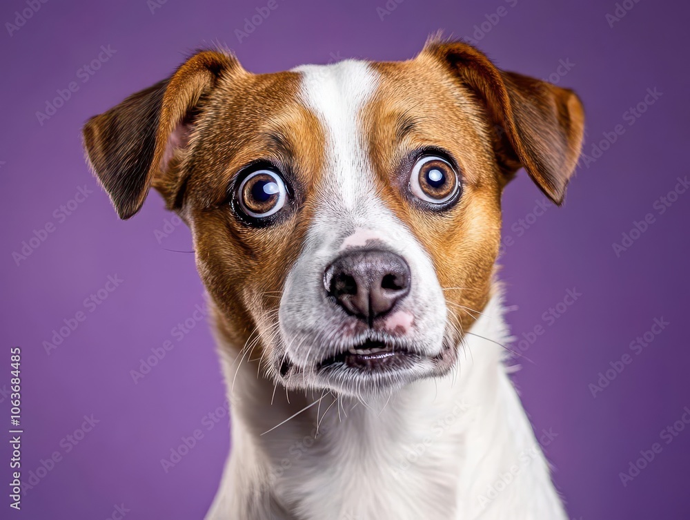 Adorable dog looking shocked, mouth slightly open, expressive eyes, set against a purple backdrop, vibrant and quirky Adorable dog looking shocked, mouth slightly open, expressive eyes, set against a purple backdrop, vibrant and quirky