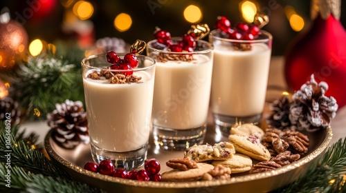 Festive drinks and cookies arranged for a holiday celebration.