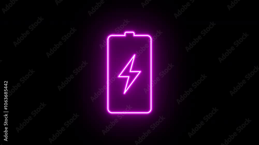 Neon electric battery icon animation, slow blink. Glowing neon battery sign, looped slow flashing animation. Electric energy, charge station, battery with lightning. Purple, red, pink colors Neon electric battery icon animation, slow blink. Glowing neon battery sign, looped slow flashing animation. Electric energy, charge station, battery with lightning. Purple, red, pink colors