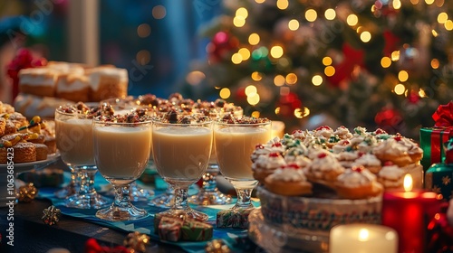 Festive table with desserts and drinks for a holiday celebration.