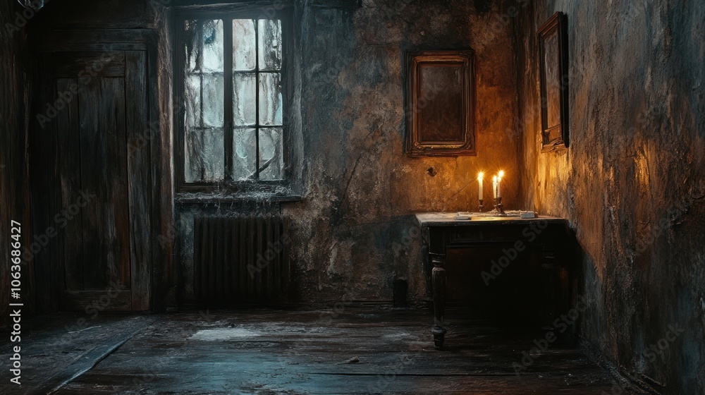 A dimly lit room with two lit candles on a table, a dusty window, a closed door, and a mirror on the wall. A dimly lit room with two lit candles on a table, a dusty window, a closed door, and a mirror on the wall.