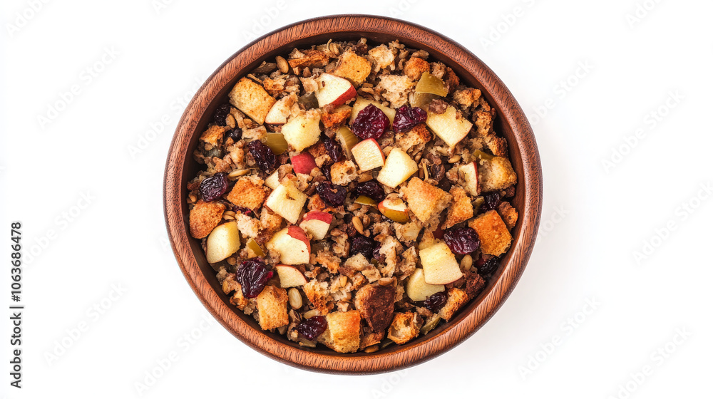 A bowl of stuffing with bread, apples, and cranberries, perfect for holiday meals. A bowl of stuffing with bread, apples, and cranberries, perfect for holiday meals.