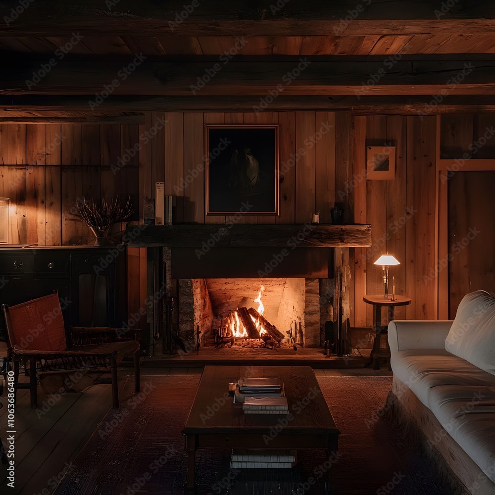 Cozy Rustic Cabin Living Room with Large Fireplace and Wooden Furniture Cozy Rustic Cabin Living Room with Large Fireplace and Wooden Furniture