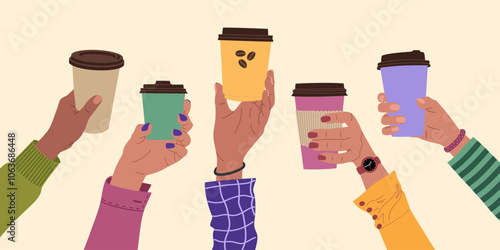 Diverse hands holding a disposable cups of coffee, espresso or cappuccino. Morning hot drink. Coffee break. Hand drawn vector illustration isolated on light background. Modern flat cartoon style.