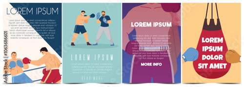 Vector collection of posters with male boxers in sports uniforms fighting, sparring with a coach