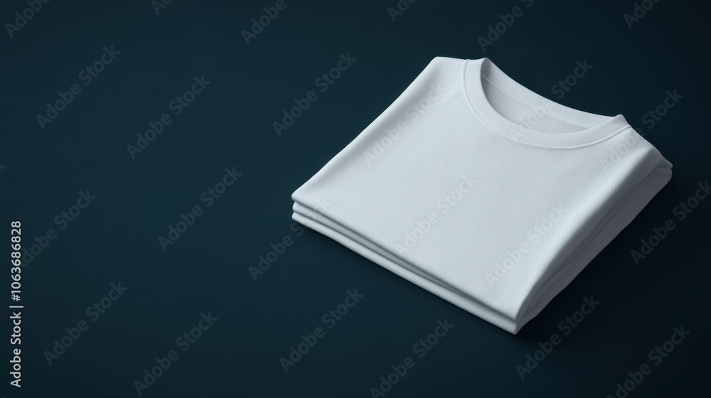 neatly folded white t shirt rests on dark background, showcasing its clean lines and smooth fabric. This minimalist presentation highlights simplicity and elegance of garment neatly folded white t shirt rests on dark background, showcasing its clean lines and smooth fabric. This minimalist presentation highlights simplicity and elegance of garment