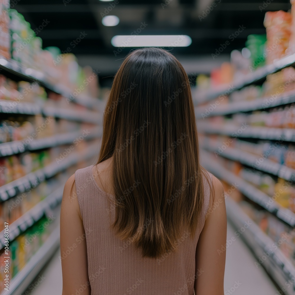 A person stands in a grocery aisle, surrounded by colorful product displays. A person stands in a grocery aisle, surrounded by colorful product displays.