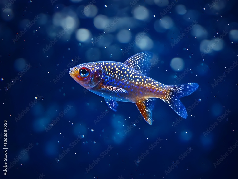 Celestial Pearl Danio Swimming in Deep Blue Aquarium Tank with Sparkling Scales Reflecting Lights Like Stars in the Night Sky Celestial Pearl Danio Swimming in Deep Blue Aquarium Tank with Sparkling Scales Reflecting Lights Like Stars in the Night Sky