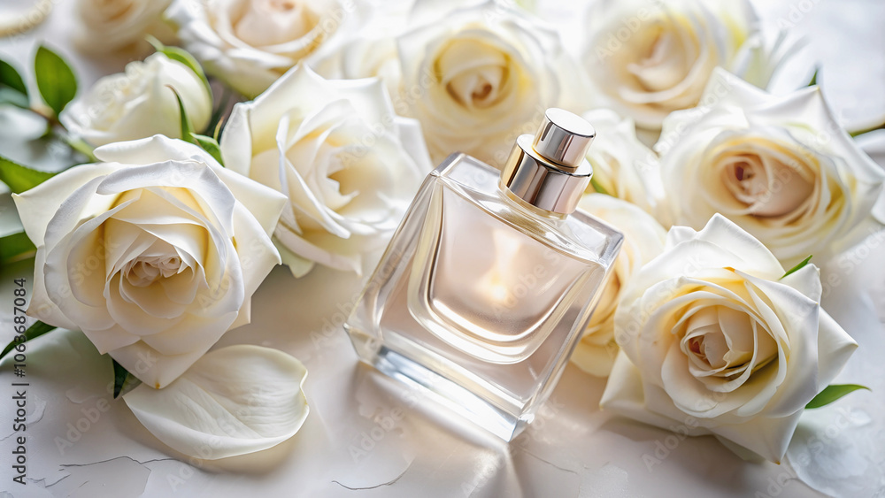 An exquisite perfume bottle that fits harmoniously into the composition with white roses in the background.
An exquisite perfume bottle that fits harmoniously into the composition with white roses in the background.