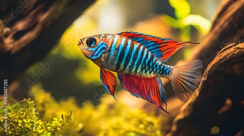 Vibrant Paradise Fish Swimming Through Lush Aquarium Ecosystem photo