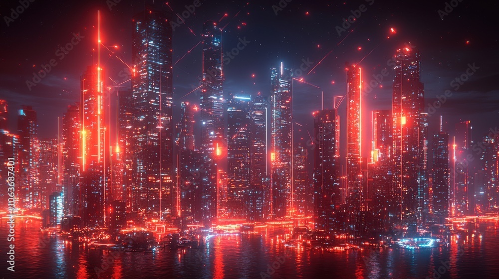A vibrant city with neon-lit skyscrapers reflecting in the calm waters below, giving a futuristic feel with digital nodes and urban sophistication at night. A vibrant city with neon-lit skyscrapers reflecting in the calm waters below, giving a futuristic feel with digital nodes and urban sophistication at night.