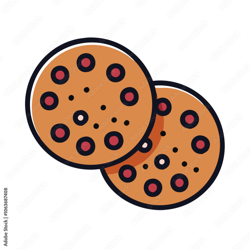Fototapeta premium Simple illustration of chocolate chip cookies, symbolizing baked goods, dessert, and sweet treats, ideal for holiday and snack themes.
