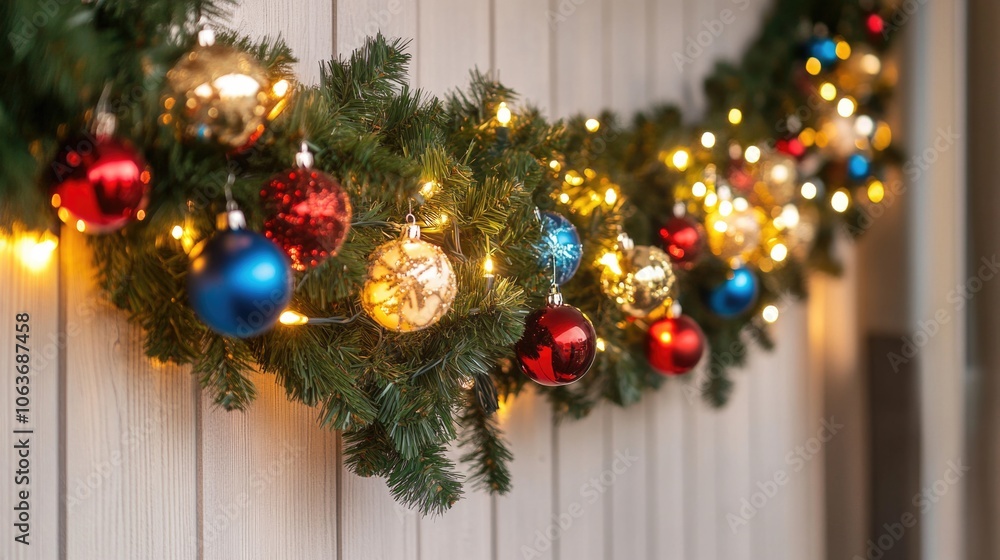 Christmas garland with green fir branches and cones on the background of a red wall with space for text. Copy space. Shallow depth of field and selective focus. Christmas garland with green fir branches and cones on the background of a red wall with space for text. Copy space. Shallow depth of field and selective focus.