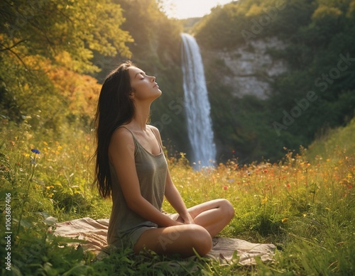 A woman in a green tank top sits on a blanket in front of a waterfall, eyes closed, in a serene natural setting.