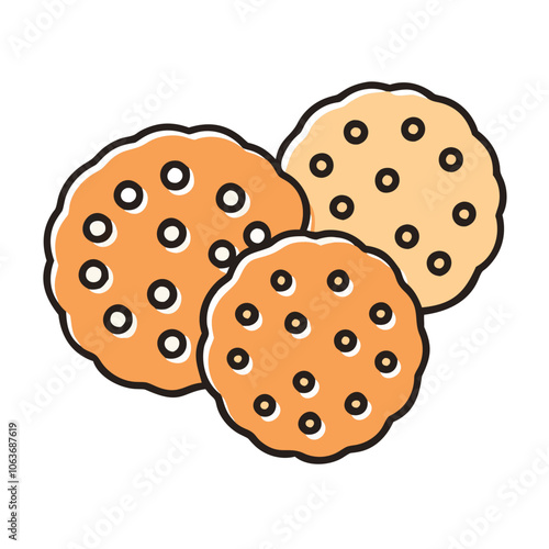 Simple illustration of chocolate chip cookies, symbolizing baked goods, dessert, and sweet treats, ideal for holiday and snack themes.