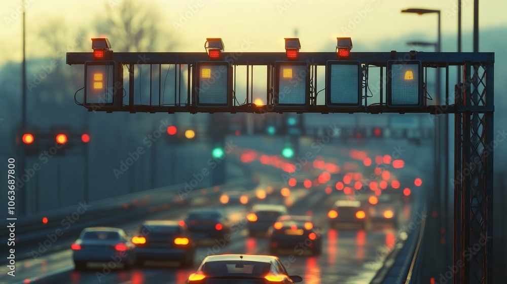 Traffic Lights on a City Highway at Dusk Traffic Lights on a City Highway at Dusk