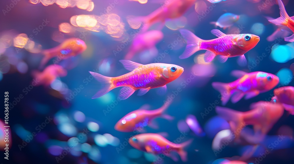 Fototapeta premium Dazzling Neon Colored Glowfish Illuminating an Ethereal Aquarium