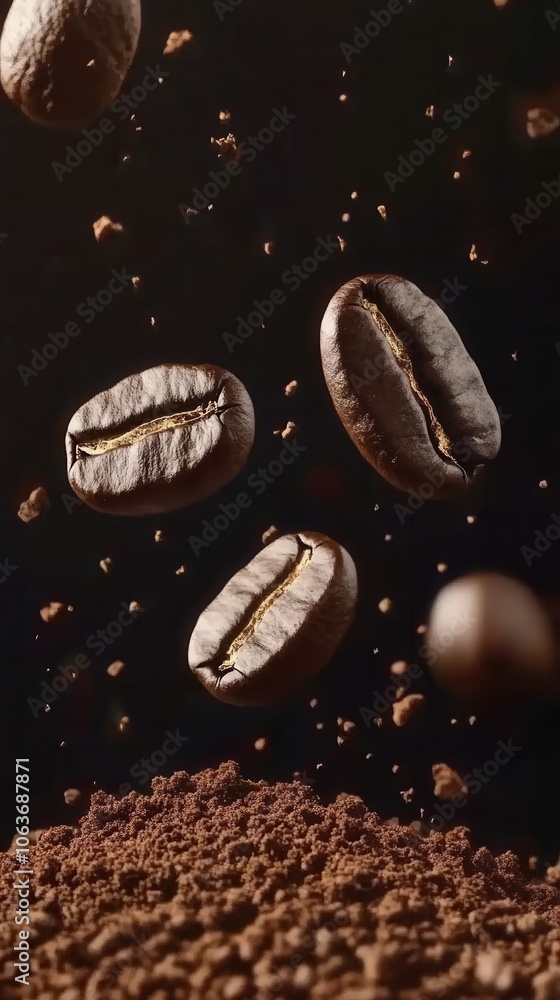 Coffee beans in mid-air with ground coffee texture background Coffee beans in mid-air with ground coffee texture background