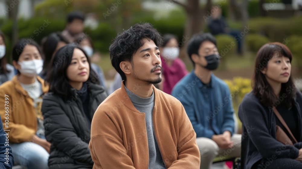 屋外イベントに参加する多様な人々のグループ、前景に集中している男性、カジュアルな服装、マスクをした人々 屋外イベントに参加する多様な人々のグループ、前景に集中している男性、カジュアルな服装、マスクをした人々