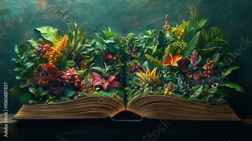 open book depicting a lush jungle scene filled with vibrant flora and fauna suggesting adventure and ecoconsciousness against a textured background