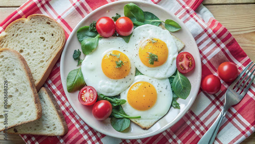 Top view of a fried egg surrounded by sliced tomatoes served on a white plate for elegance. Top view of a fried egg surrounded by sliced tomatoes served on a white plate for elegance.