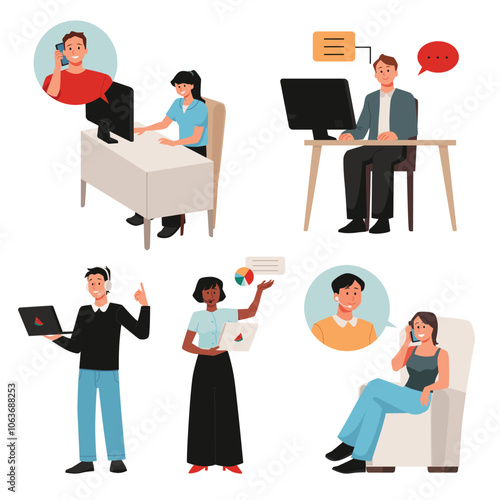 Call center communication activities vector illustration set