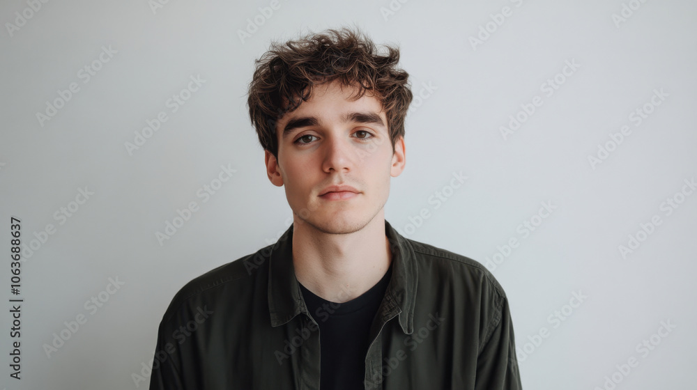 young man with curly hair poses against plain background, exuding calm and thoughtful demeanor. His casual attire complements his relaxed expression, making for striking portrait young man with curly hair poses against plain background, exuding calm and thoughtful demeanor. His casual attire complements his relaxed expression, making for striking portrait