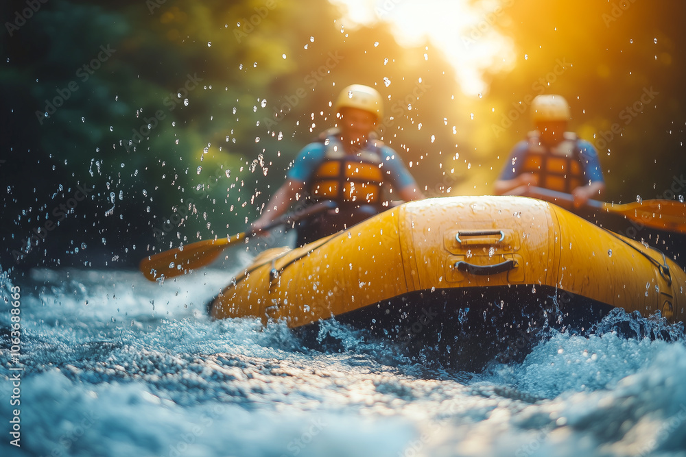 Fototapeta premium An exciting close-up of adventurers rafting down a yellow raft in the warm sunshine
