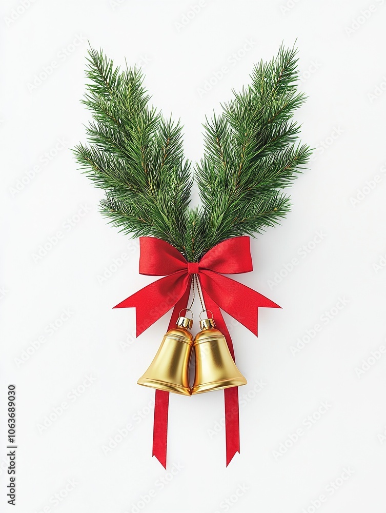 Christmas bells with red ribbon and pine branches. Christmas bells with red ribbon and pine branches.