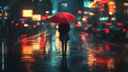 Lone figure with red umbrella standing amidst rainy city street at night reflections shimmering on wet ground