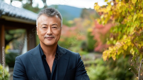スーツを着た自信に満ちた男性が鮮やかな紅葉を眺めながら屋外でポーズをとる