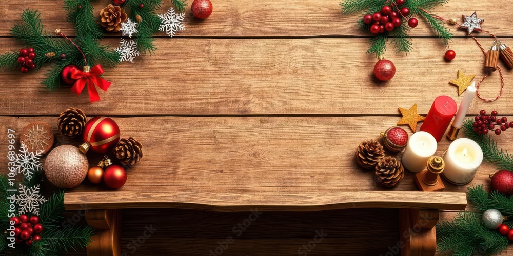 Christmas holiday background featuring a rustic empty wooden table surrounded by festive decorations such as ornaments, candles, and pine cones, Christmas Christmas holiday background featuring a rustic empty wooden table surrounded by festive decorations such as ornaments, candles, and pine cones, Christmas