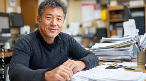 書類に囲まれたオフィスで自信に満ちたビジネスマン