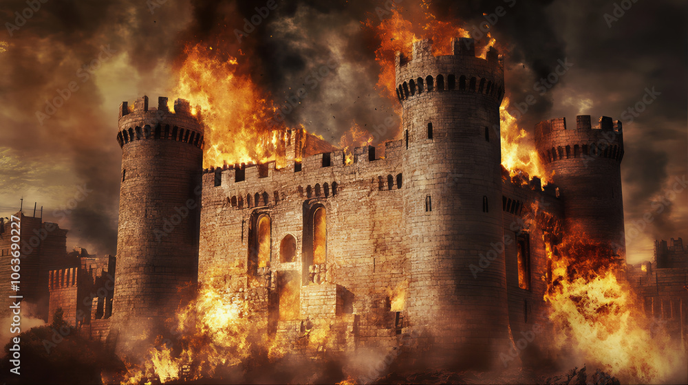 Fototapeta premium Destruction of ancient city of Jerusalem in 607 B.C.E by Chaldean soldiers under rulership of Babylonian King Nebuchadnezzar II, Jews were killed and others taken captives for disobedience to God