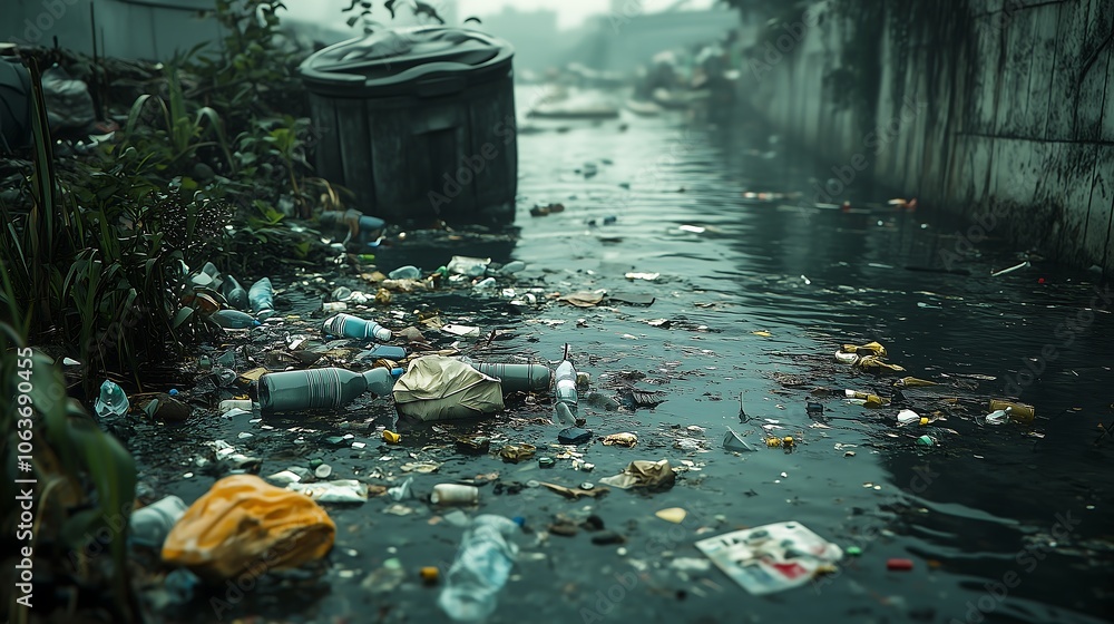 The image of polluted water filled with floating garbage reflects the ...