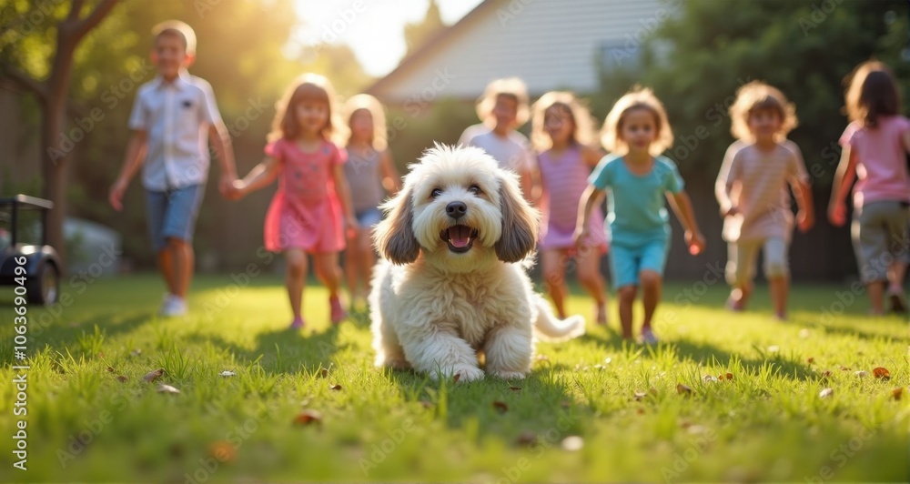 Playful children with a happy dog Playful children with a happy dog