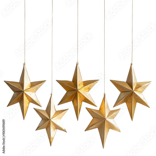 Five golden star decorations hanging elegantly, perfect for festive occasions, capturing the essence of celebration and holiday spirit.