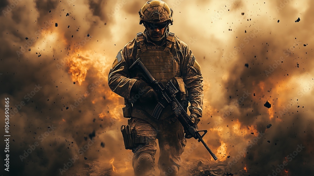 Fototapeta premium A fictional soldier stands in the middle of a chaotic battlefield. He holds a rifle in his hand, his face covered in dirt and his clothes dirty, reflecting the fatigue and intensity of the battle.