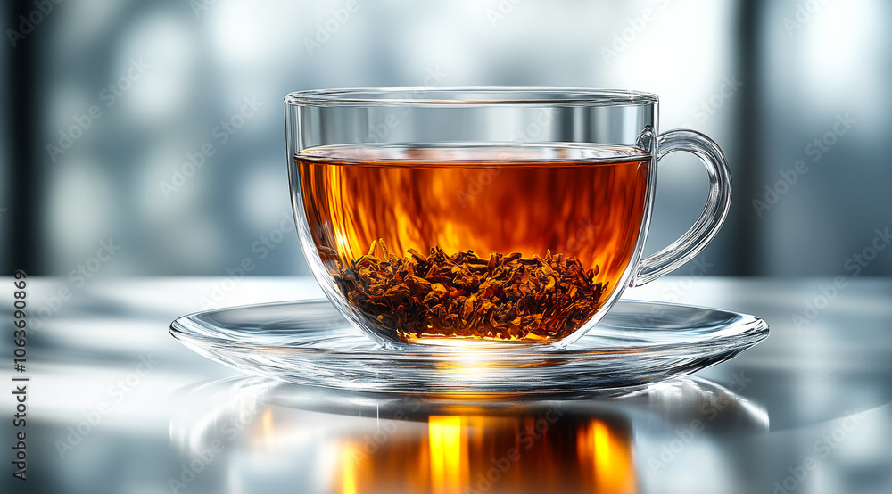 A cup of tea sits on a saucer, with a few leaves floating in the liquid. The cup is clear and the tea is a warm, inviting color. Concept of relaxation and comfort A cup of tea sits on a saucer, with a few leaves floating in the liquid. The cup is clear and the tea is a warm, inviting color. Concept of relaxation and comfort