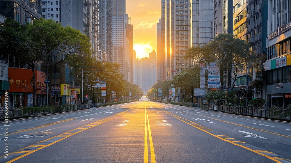Obraz premium A city street scene where the road markings are clearly visible as the sun sets. The soft sunlight shines down on the street, creating beautiful shadows and a warm atmosphere.