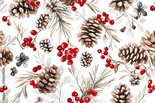 Watercolor of pine cones winter berries