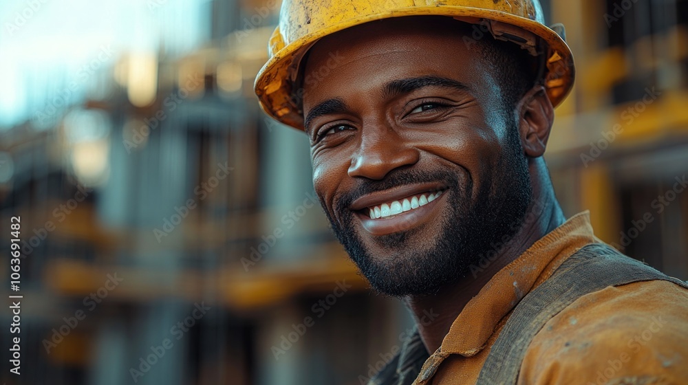 A construction worker with a yellow hardhat smiles confidently at the camera. A construction worker with a yellow hardhat smiles confidently at the camera.