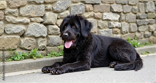 Black dog resting by stone wall.