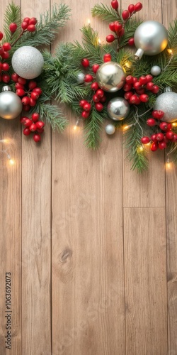 Christmas holiday background with empty wooden table decorated with pine branches, red berries, silver ornaments, and twinkling lights, empty