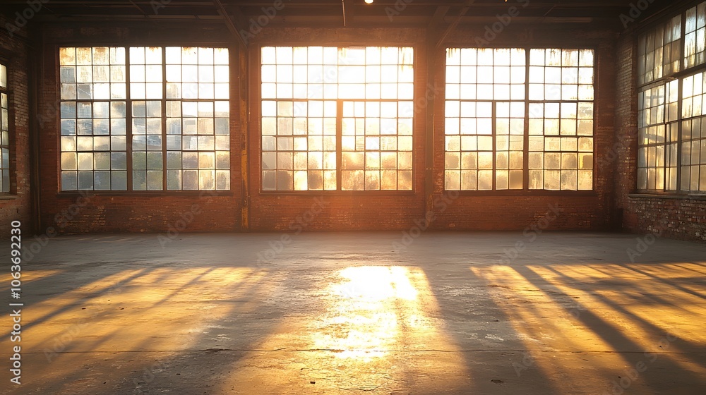 Spacious empty warehouse with high ceilings, beams, and rows of large windows illuminating the area Spacious empty warehouse with high ceilings, beams, and rows of large windows illuminating the area