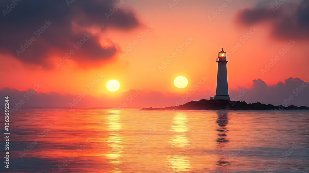 Lighthouse Sunset with Two Suns Illustration Lighthouse Sunset with Two Suns Illustration