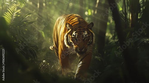 Tiger prowling in sunlit jungle