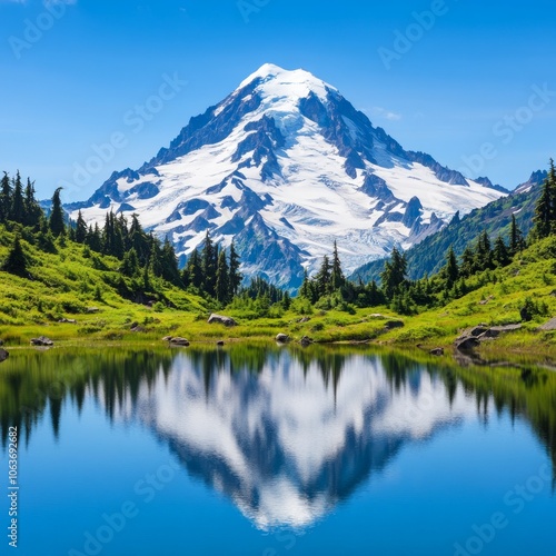 Majestic mountain reflected in a serene lake, surrounded by lush greenery.