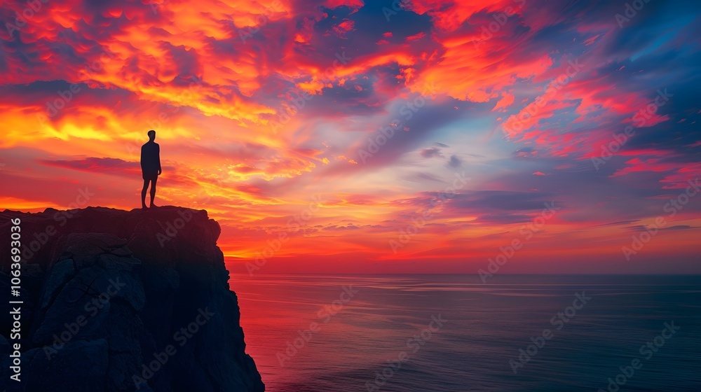Lone Silhouette Stands on Cliff Edge Overlooking Vibrant Sunset Seascape Lone Silhouette Stands on Cliff Edge Overlooking Vibrant Sunset Seascape