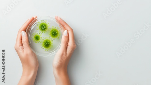 Biologist s hands holding a petri dish with green microorganisms, symbolizing biological study and the understanding of natural resources photo